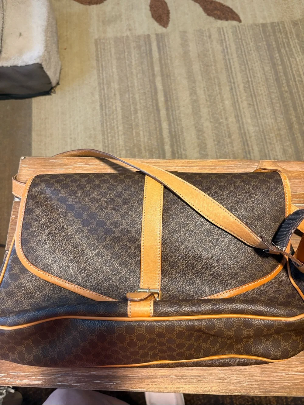 Celine Brown Canvas Satchel with Tan Leather Trim